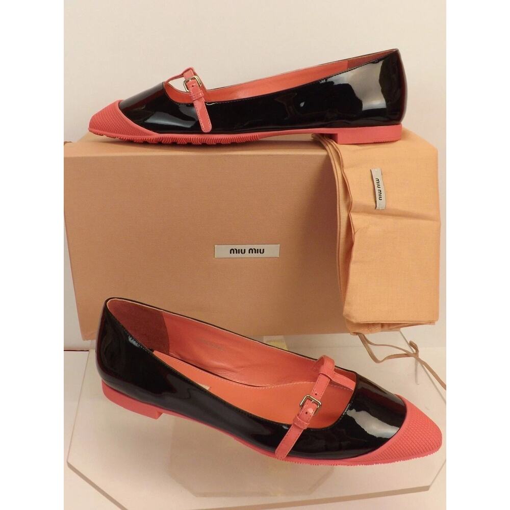 NIB MIU MIU PRADA 5F9566 BLACK PATENT LEATHER PINK TRIMMED BUCKLE FLATS 41